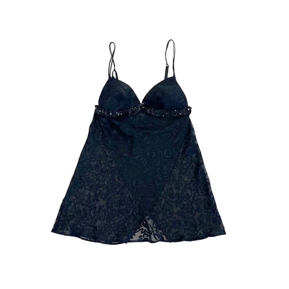 Cabernet Black Floral Burnout Mesh Sequin Babydoll Chemise Lingerie Small Y2K